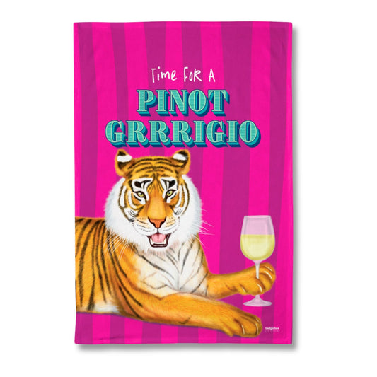 A rectangular printed tea towel with a bright pink striped background, featuring a cartoon tiger holding a glass of white wine and the text 'Time For A PINOT GRRRIO'.