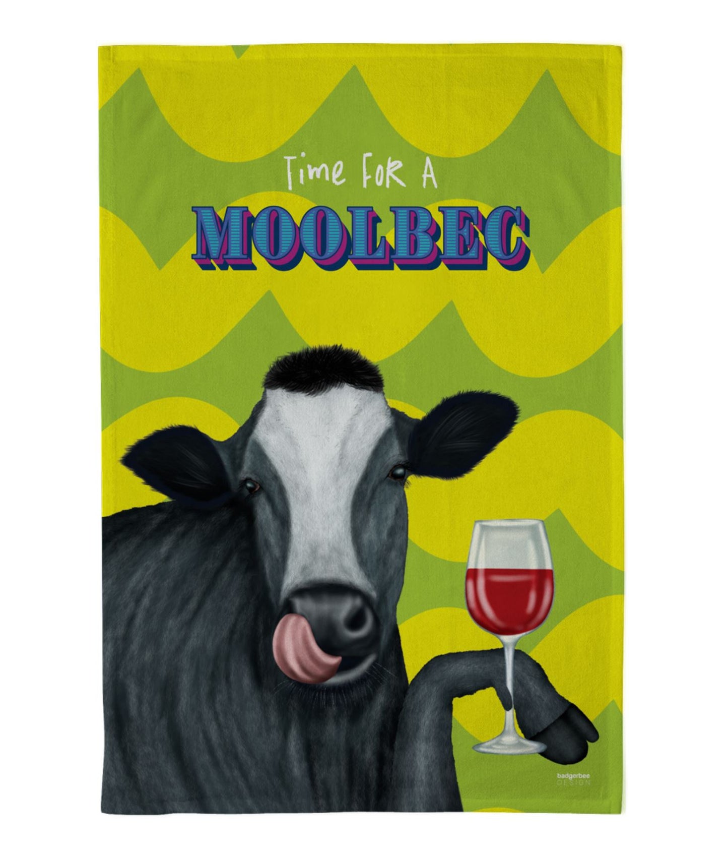 Tea Towel with a cow holding a glass of red wine with text 'Time For A Moolbec' on a green and yellow background