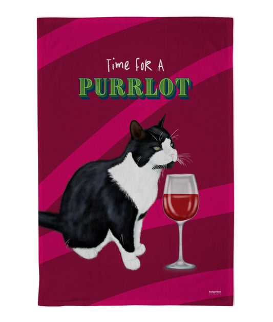 Tea Towel with a cat smelling a glass of red wine with the words 'Time for a Purrlot' on a magenta background