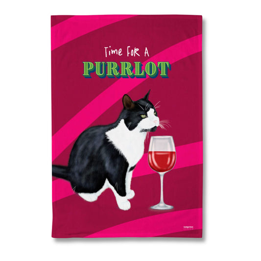 A rectangular printed tea towel with a bold magenta background, featuring the text 'Time For A PURRLOT' above an illustration of a black-and-white cat next to a wine glass. The product is shown alone on a plain white background.