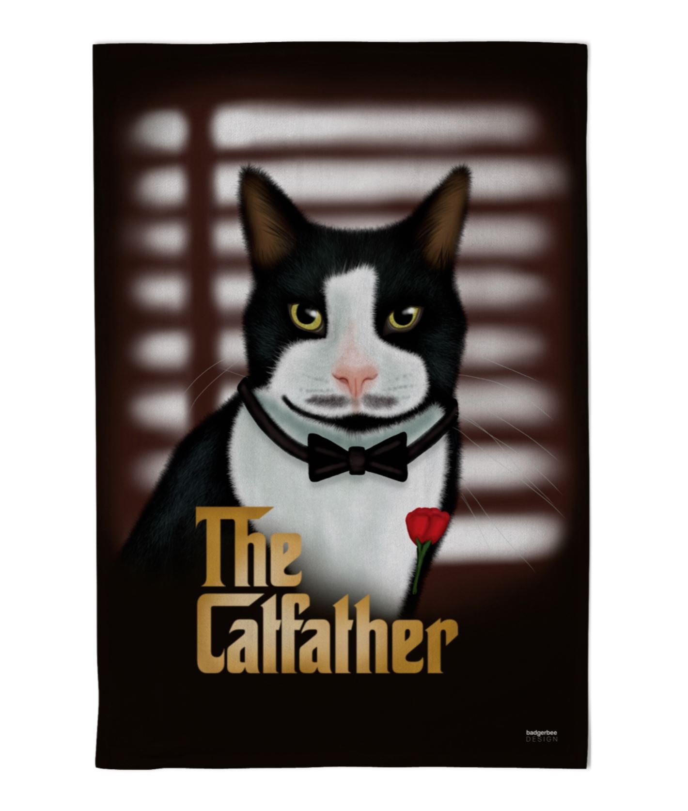 Tea Towel with a Tuxedo cat illustration in a bow tie and rose,  on a dark background with the text 'The Catfather'