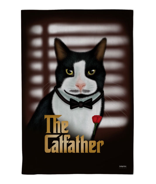 Tea Towel with a Tuxedo cat illustration in a bow tie and rose,  on a dark background with the text 'The Catfather'
