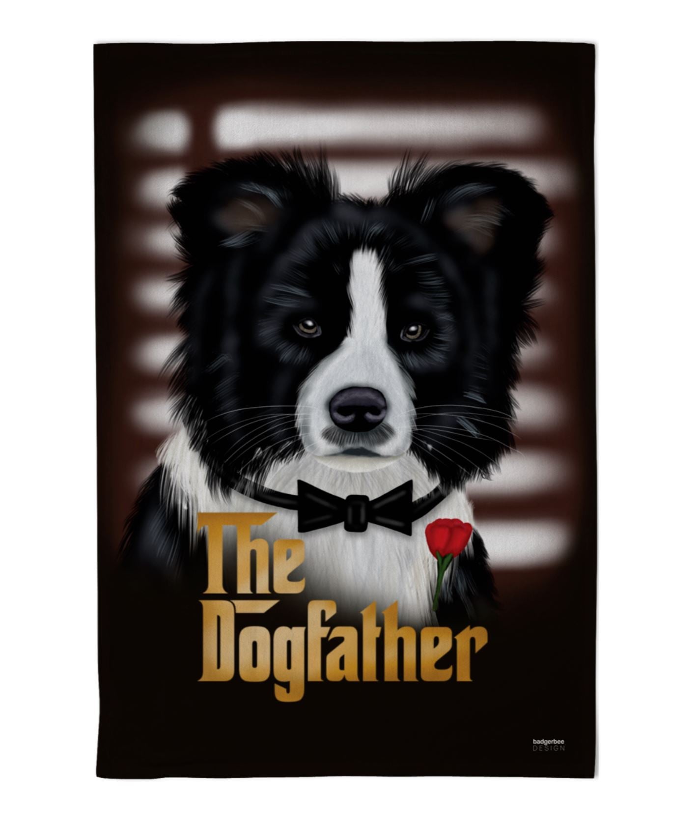 Tea Towel with a Border Collie Dog illustration in a bow tie and rose,  on a dark background with the text 'The Dogfather'