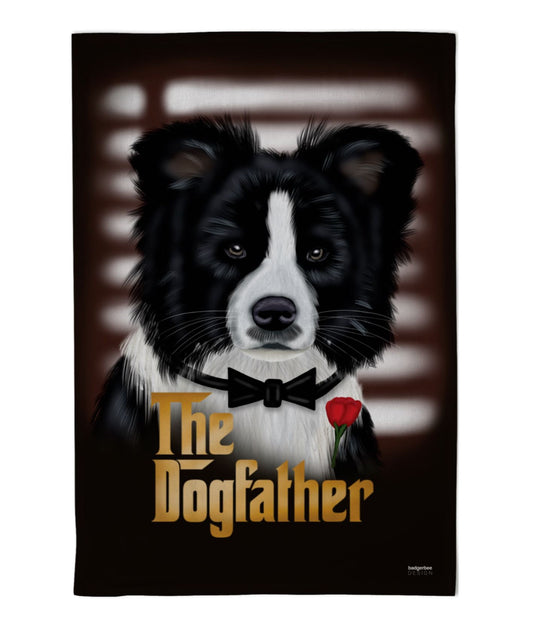 Tea Towel with a Border Collie Dog illustration in a bow tie and rose,  on a dark background with the text 'The Dogfather'