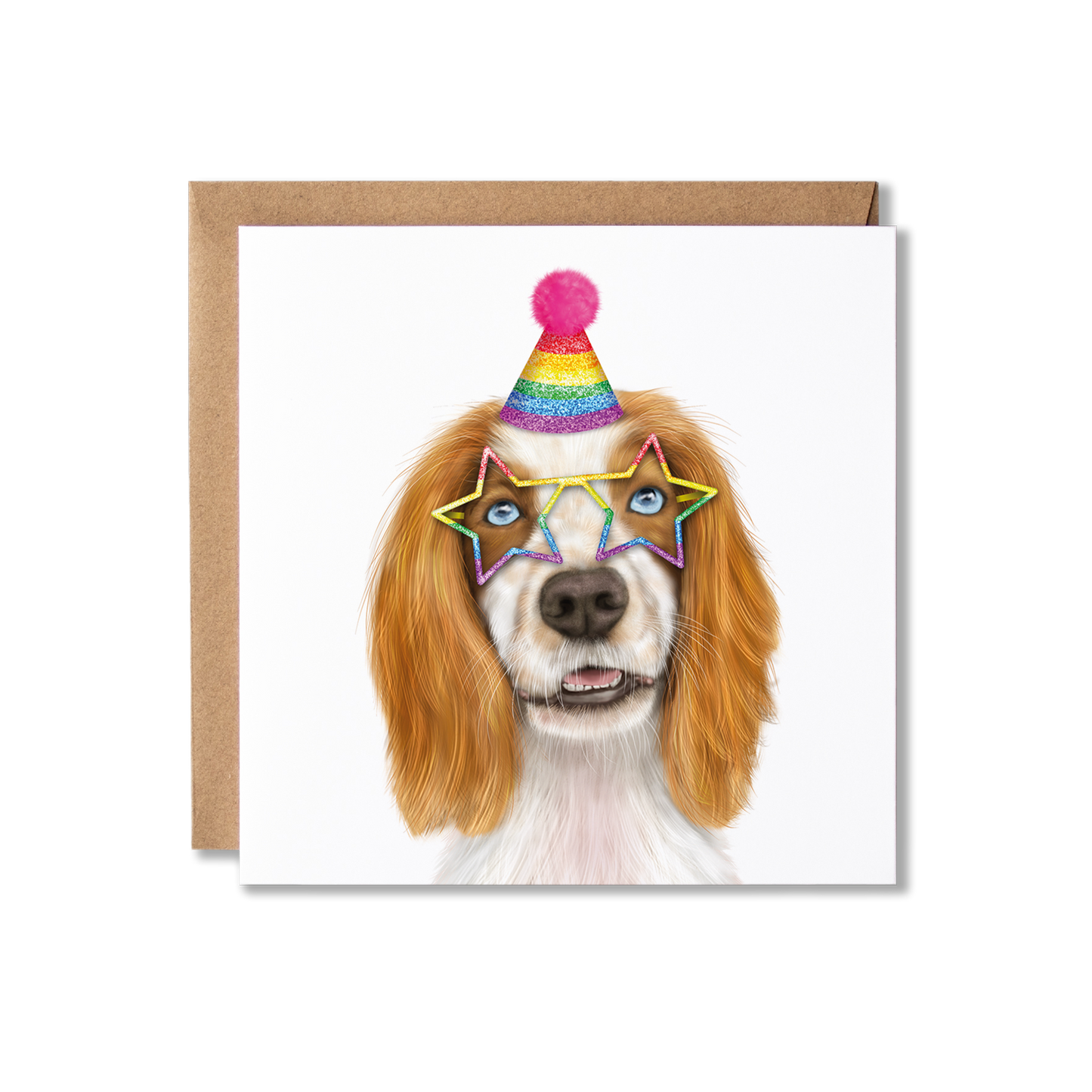 Tan and white spaniel dog in a sparkly rainbow party hat and star shaped glasses on a white background greeting card