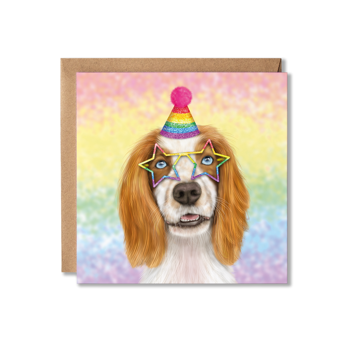 Card with a dog wearing a party hat and star-shaped glasses on a colorful background