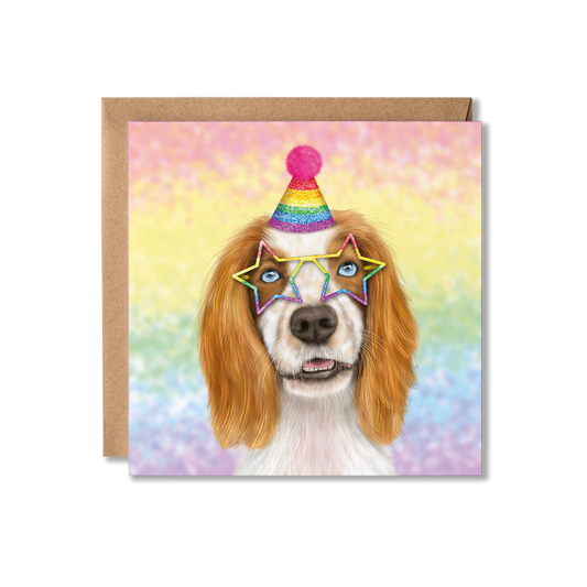 Card with a dog wearing a party hat and star-shaped glasses on a colorful background