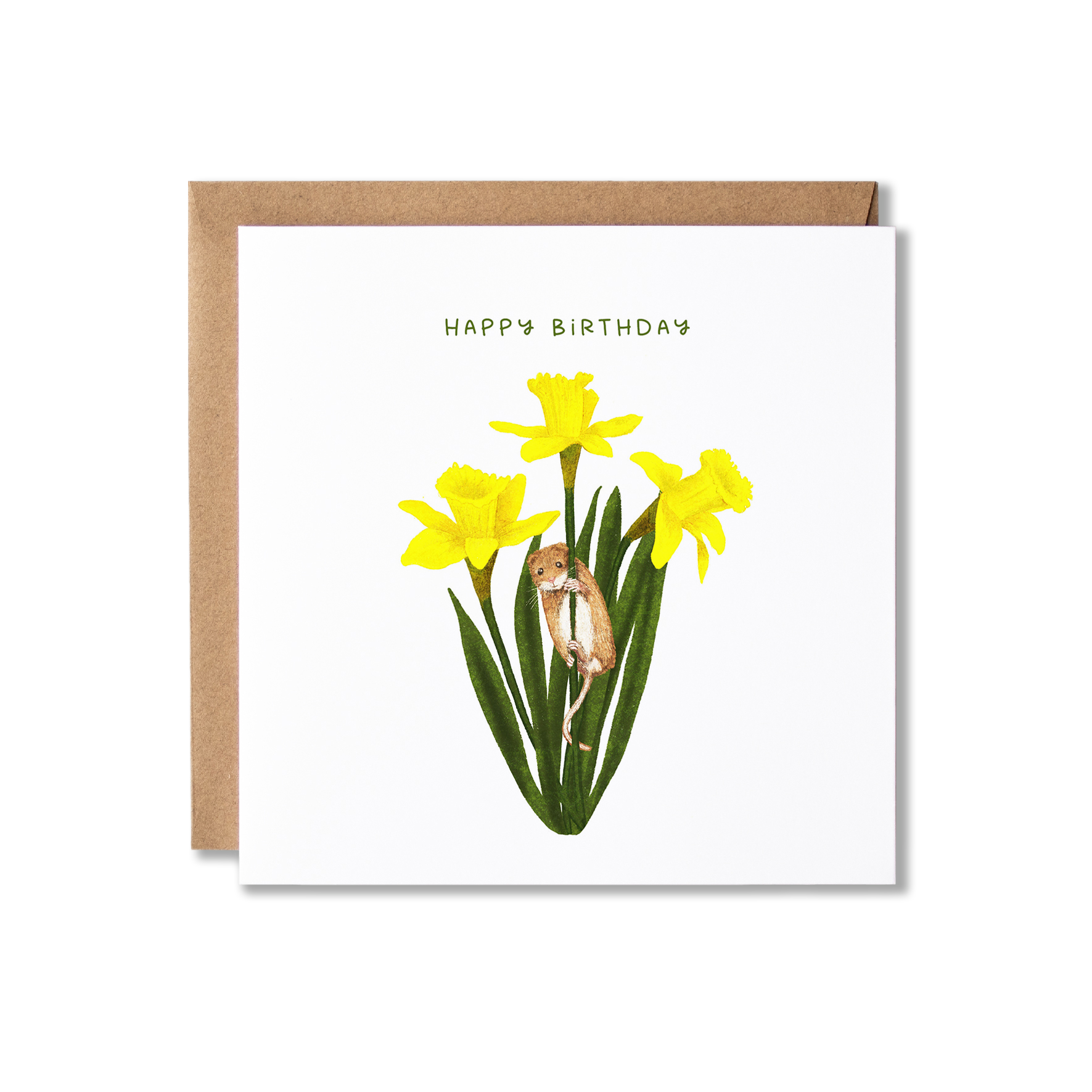 Birthday card with illustration of a mouse holding on to the stem of some daffodils with the message Happy Birthday.