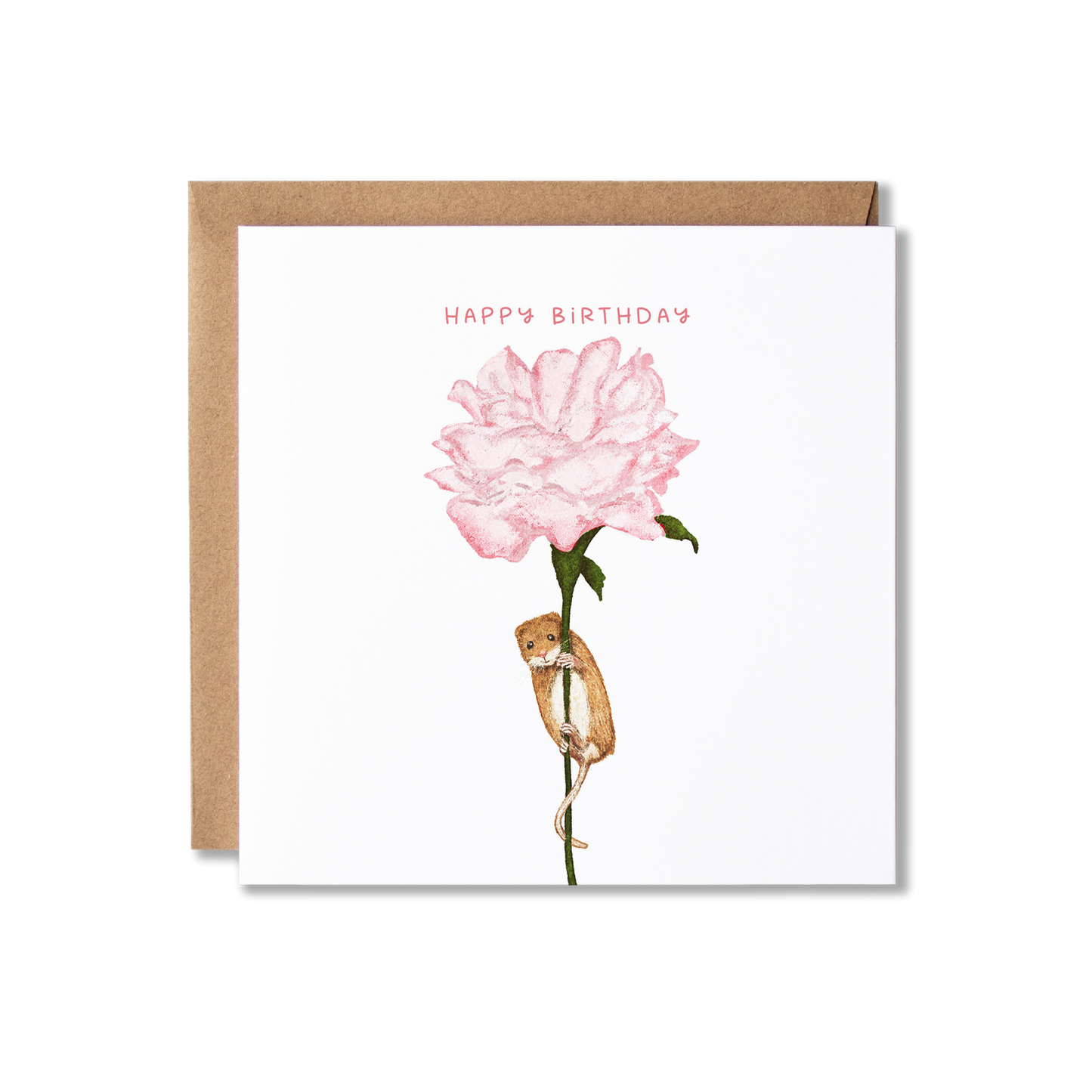 Birthday card with illustration of a mouse holding on to the stem of a single pink rose with the message Happy Birthday.