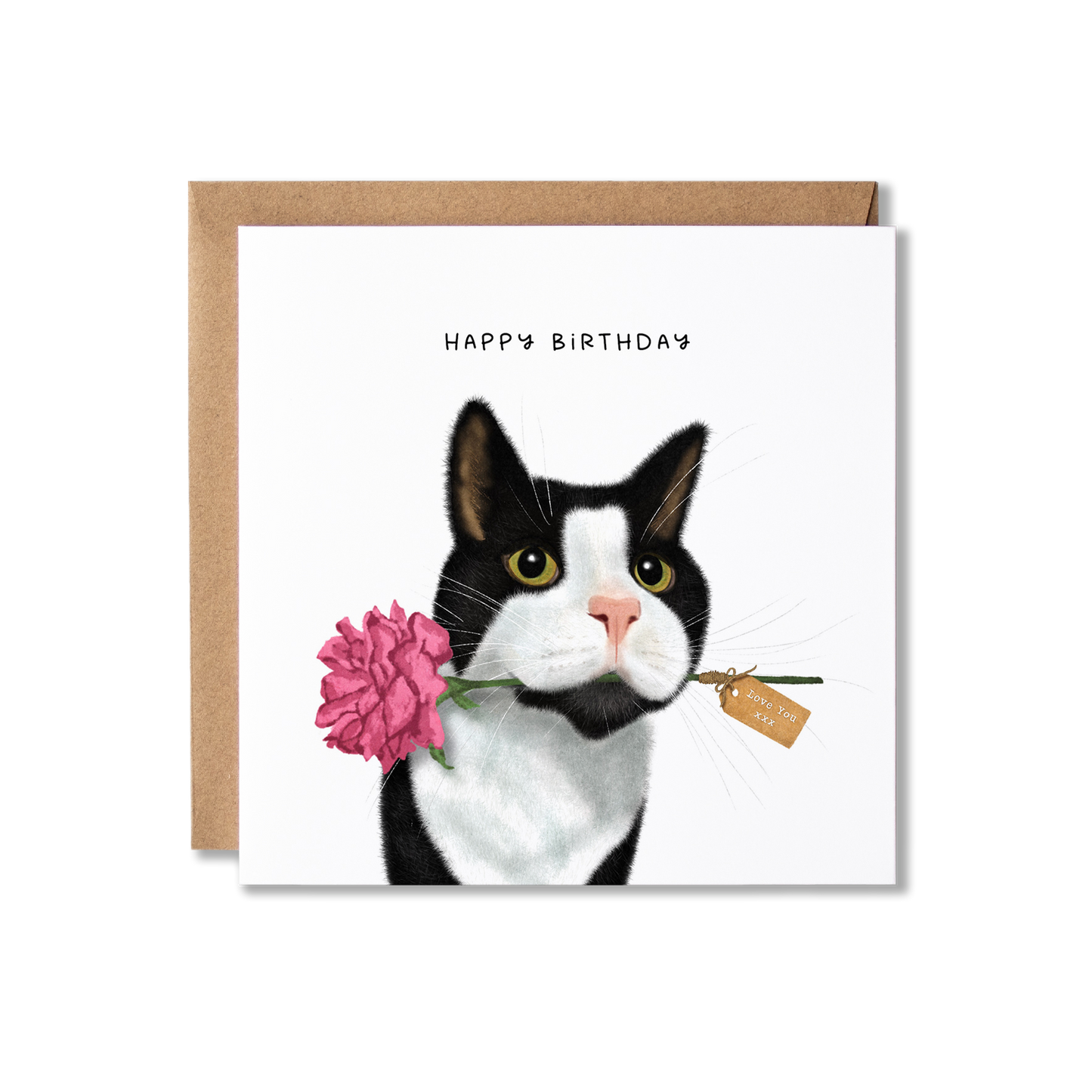 Birthday card with illustration of a black and white cat holding a pink rose in it's mouth with a brown paper tag on that says Love you xx and the message Happy Birthday.