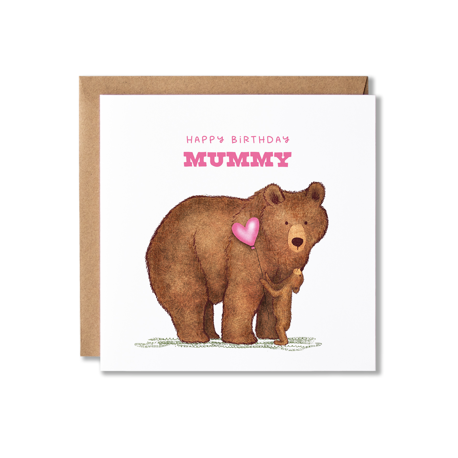Birthday card with illustration of a mummy bear with a baby cub standing in front of her looking up to her holding a pink heart ballon and the message Happy Birthday Mumm in pink.