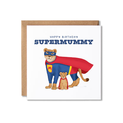 A square birthday card with a kraft envelope behind it, featuring an illustration of a lioness and her lion cub in a superhero costumes with a red capes and blue suit, plus the text 'HAPPY BIRTHDAY SUPERMUMMY'.