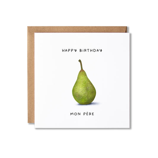A square birthday card with a kraft envelope, featuring an illustration of a green pear on a white background with the text 'HAPPY BIRTHDAY' and 'MON PÈRE'.