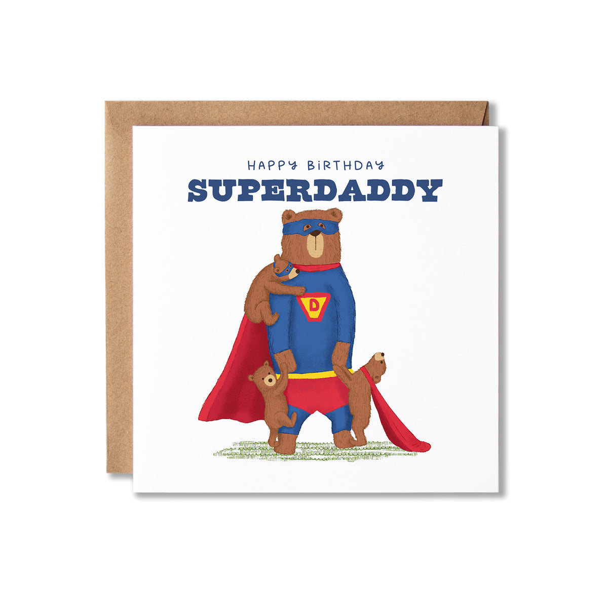 A square birthday card with a kraft envelope behind it, featuring an illustration of a superhero bear holding three bear cubs. The card reads 'HAPPY BIRTHDAY SUPERDADDY' in blue text on a white background.
