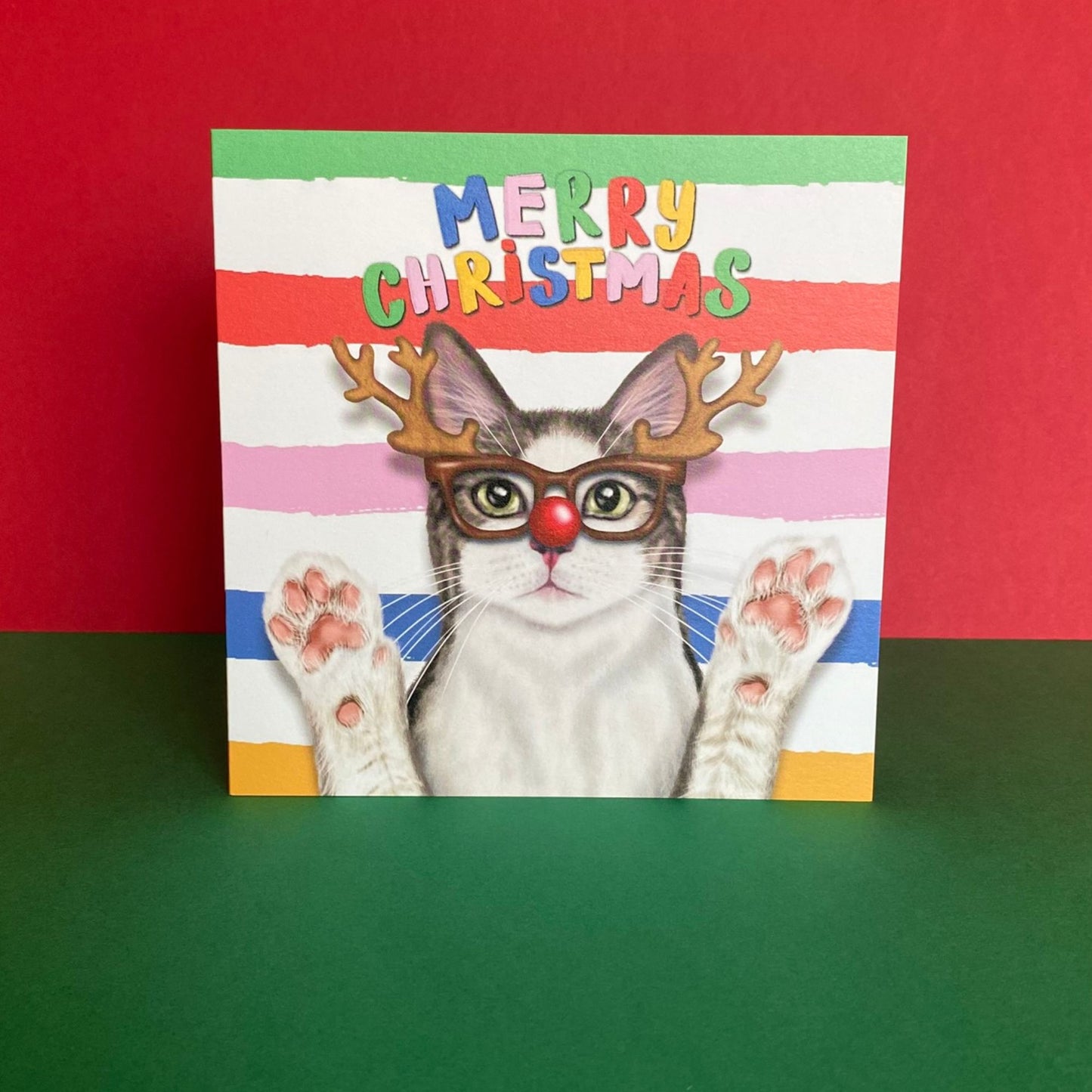 Grey and white Cat Christmas Card | Reindeer glassses
