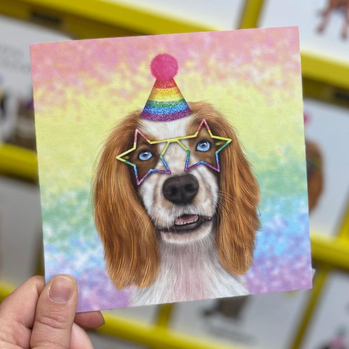 A hand holds a square art print or card featuring a colorful illustration of a dog with a rainbow party hat and star-shaped glasses against a pastel rainbow background.