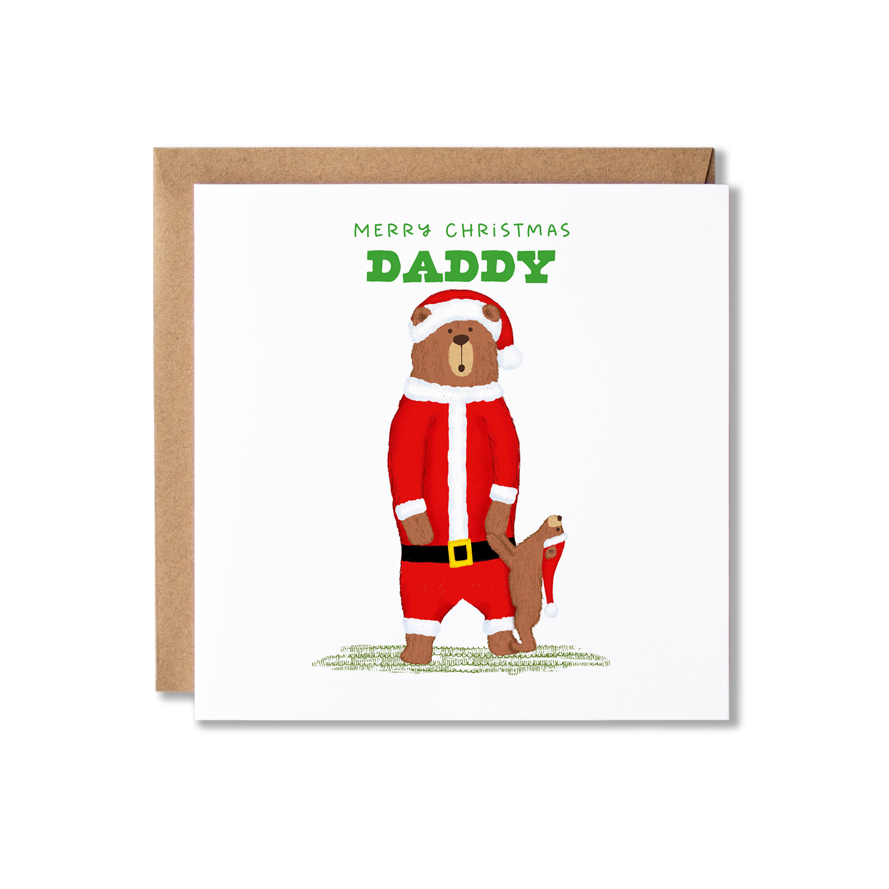 Christmas card with illustration of a bear standing on back legs wearing a Santa costume, with a bear cub stood in front holding his hand, wearing a Santa hat with the message Merry Christmas Daddy.
