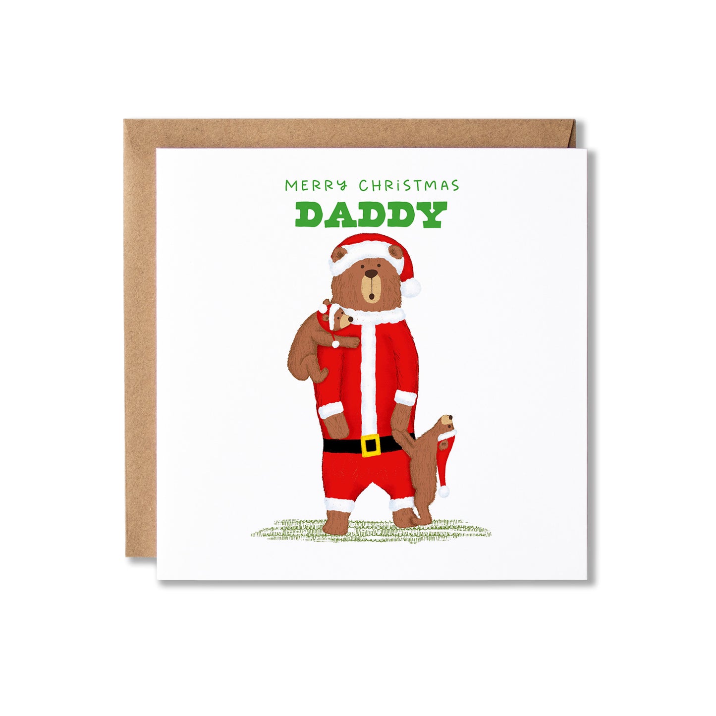 A square Christmas greeting card with a kraft envelope behind it. The card features an illustration of a bear dressed in a Santa outfit holding hands with a bear cub and has another one on it's shoulder, with the text 'MERRY CHRISTMAS DADDY' above them.