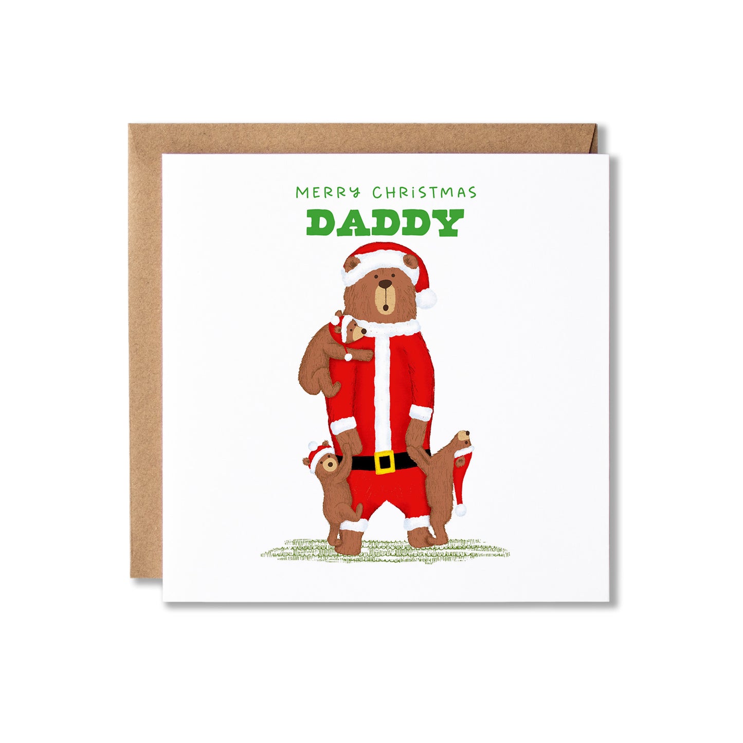 A square Christmas greeting card with a kraft envelope behind it. The card features an illustration of a bear dressed as Santa Claus holding three small bears, with the text 'MERRY CHRISTMAS DADDY' in green on a white background.