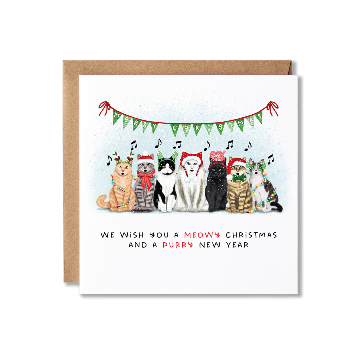 A square white greeting card with a brown kraft envelope behind it, featuring an illustration of six cats and a dog wearing Christmas hats under a green bunting garland. The text at the bottom reads, 'WE WISH YOU A MEOW'S CHRISTMAS AND A PURRY NEW YEAR'.