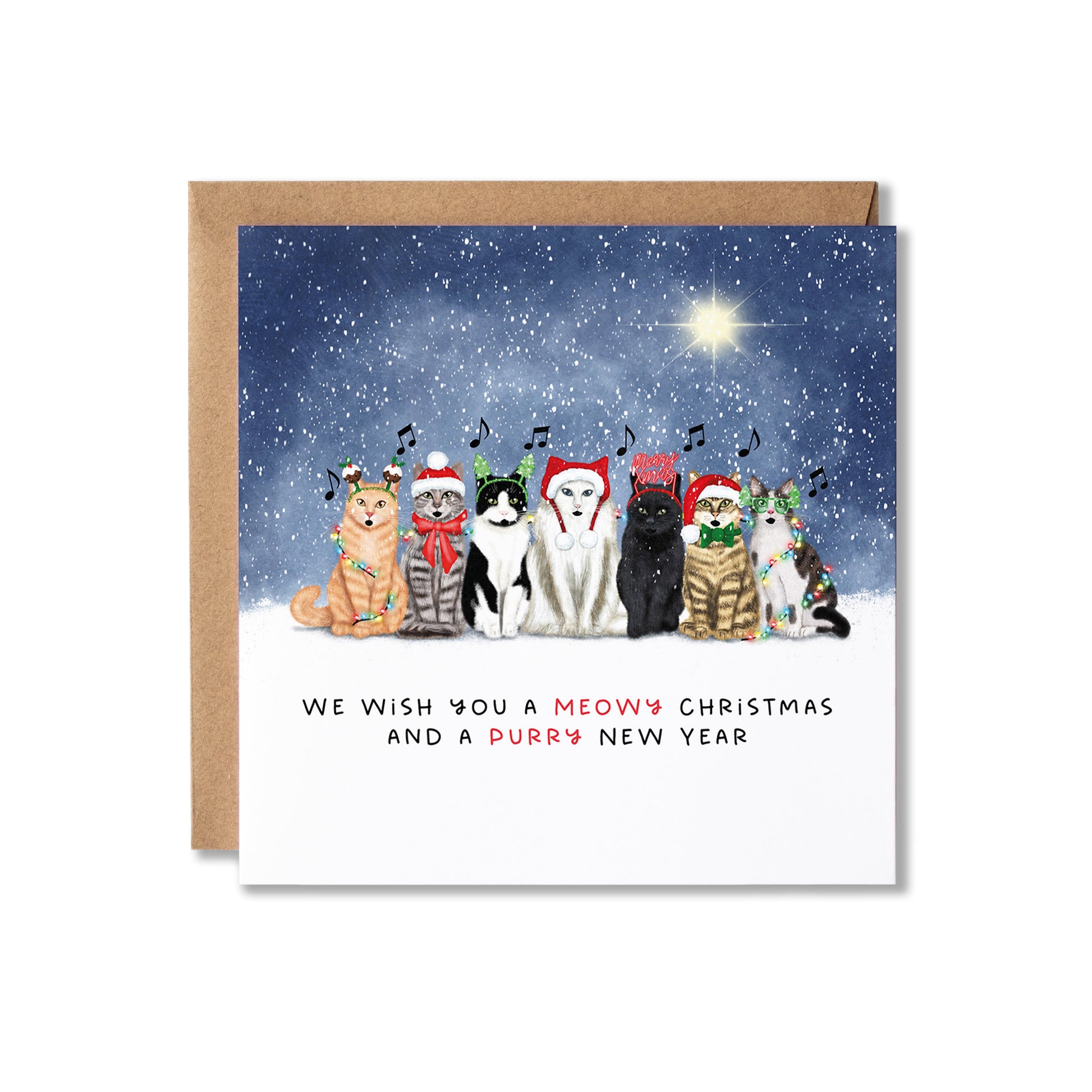 A square Christmas greeting card with a kraft envelope, featuring an illustration of seven singing cats wearing festive holiday hats and scarves under a snowy night sky. The card reads, 'WE WISH YOU A MEOWY CHRISTMAS AND A PURRY NEW YEAR' with 'MEOW'S' and 'PURRY' highlighted in red.