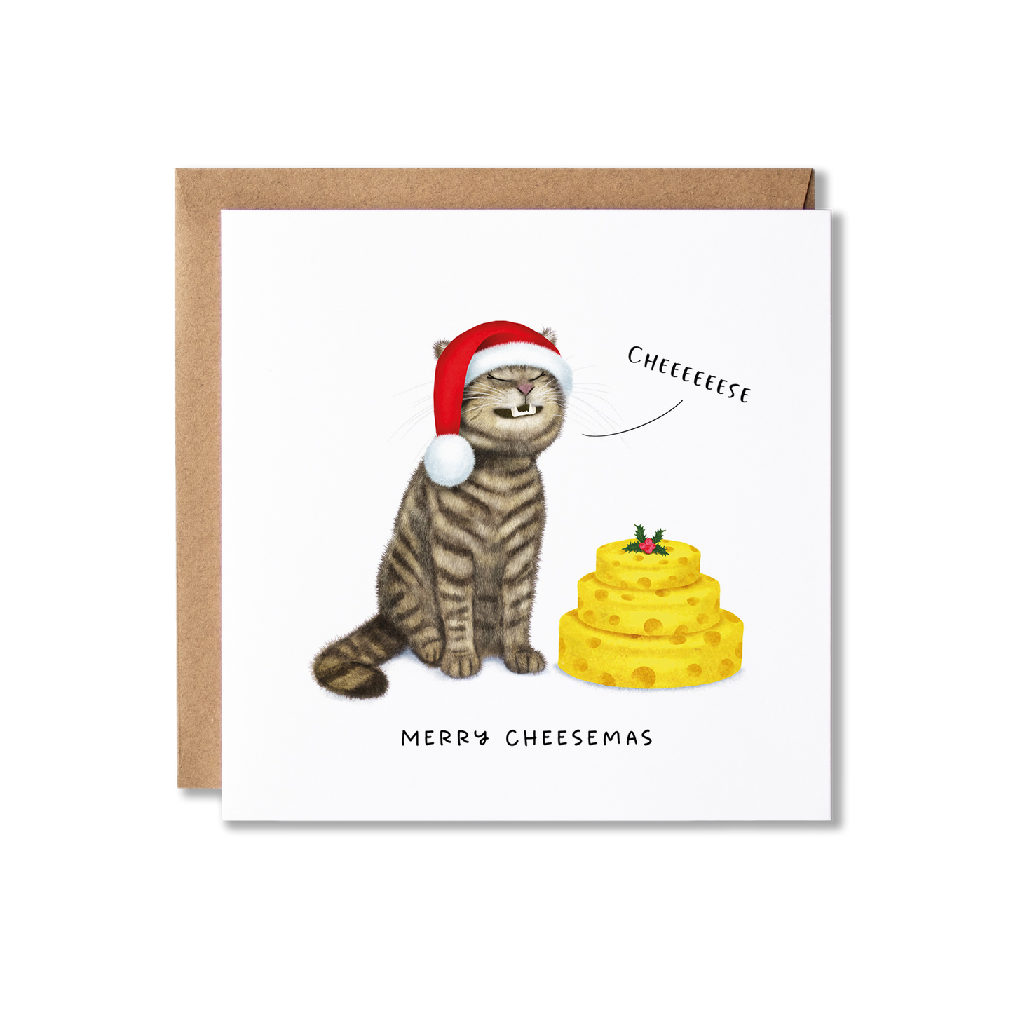 Christmas card with illustration of a tabby cat sat grinning, wearing a  Santa hat with a stack of cheeses in front of it with a sprig of holly on it so looks like a cake, saying Cheese and the message Merry Cheesemas.