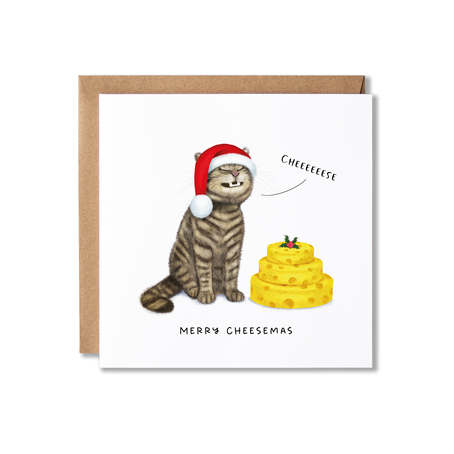 Christmas card with illustration of a tabby cat sat grinning, wearing a  Santa hat with a stack of cheeses in front of it with a sprig of holly on it so looks like a cake, saying Cheese and the message Merry Cheesemas.