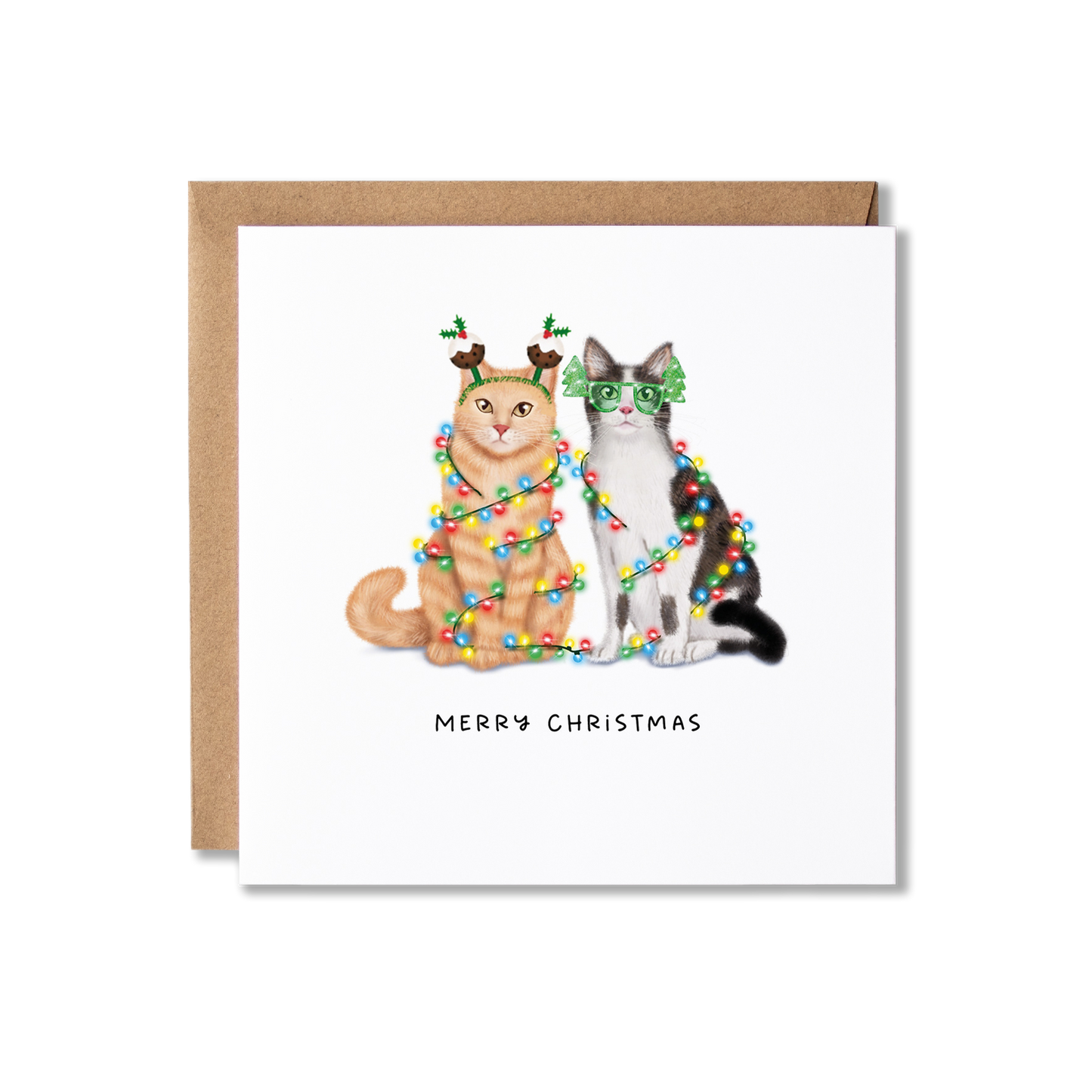 Christmas card with illustration of a cat couple, a ginger cat and grey and white cat, sat together wrapped in Christmas lights with the message Merry Christmas.