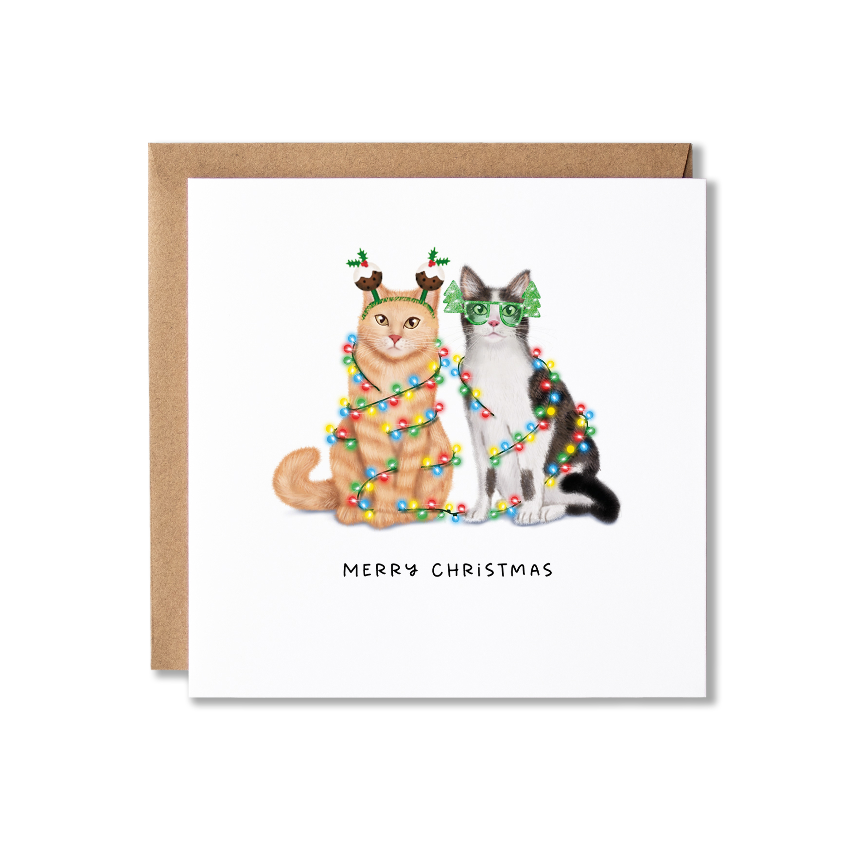 Christmas card with illustration of a cat couple, a ginger cat and grey and white cat, sat together wrapped in Christmas lights with the message Merry Christmas.