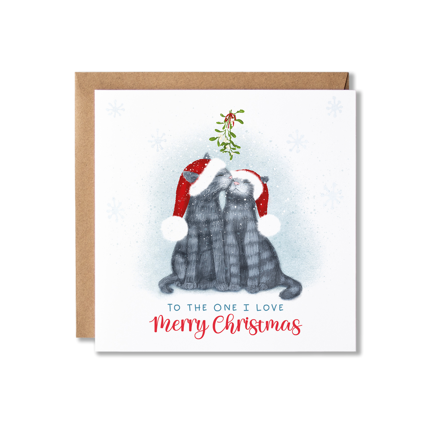 Christmas card with illustration of grey tabby cats in Santa hats kissing under the mistletoe with the message To the One I Love Merry Christmas.