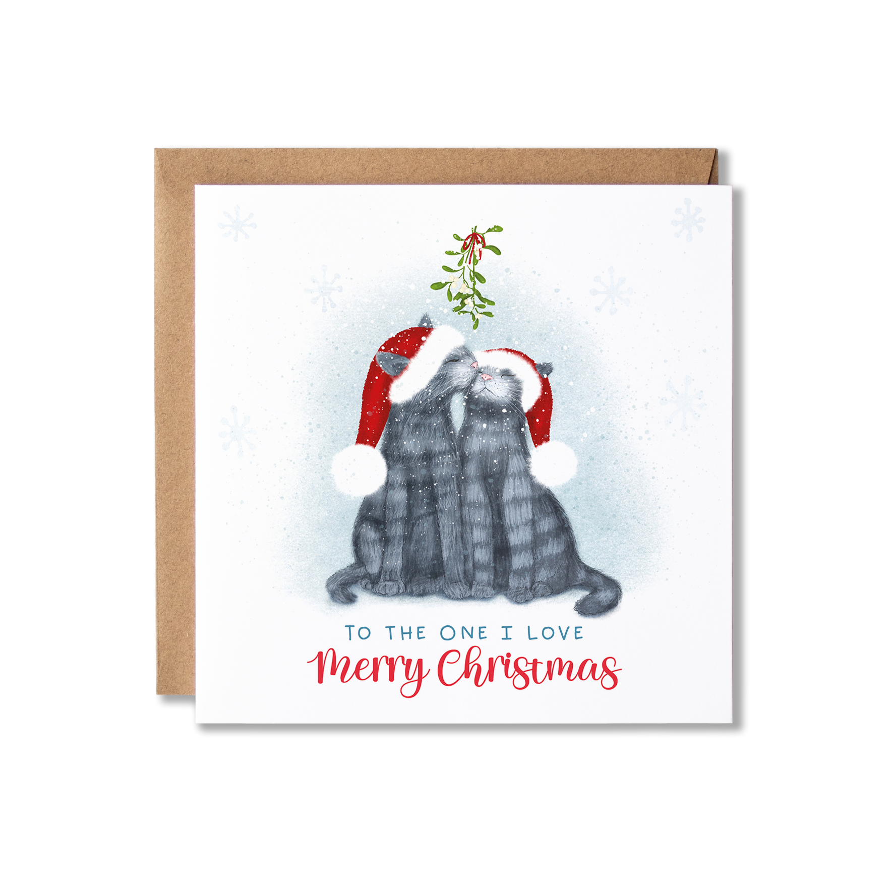Christmas card with illustration of grey tabby cats in Santa hats kissing under the mistletoe with the message To the One I Love Merry Christmas.
