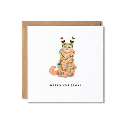 A square Christmas greeting card with a white front and a kraft brown envelope behind it. The card features an illustration of a ginger cat wearing small Christmas puddings and wrapped in multicoloured Christmas lights, with the text 'MERRY CHRISTMAS' below.