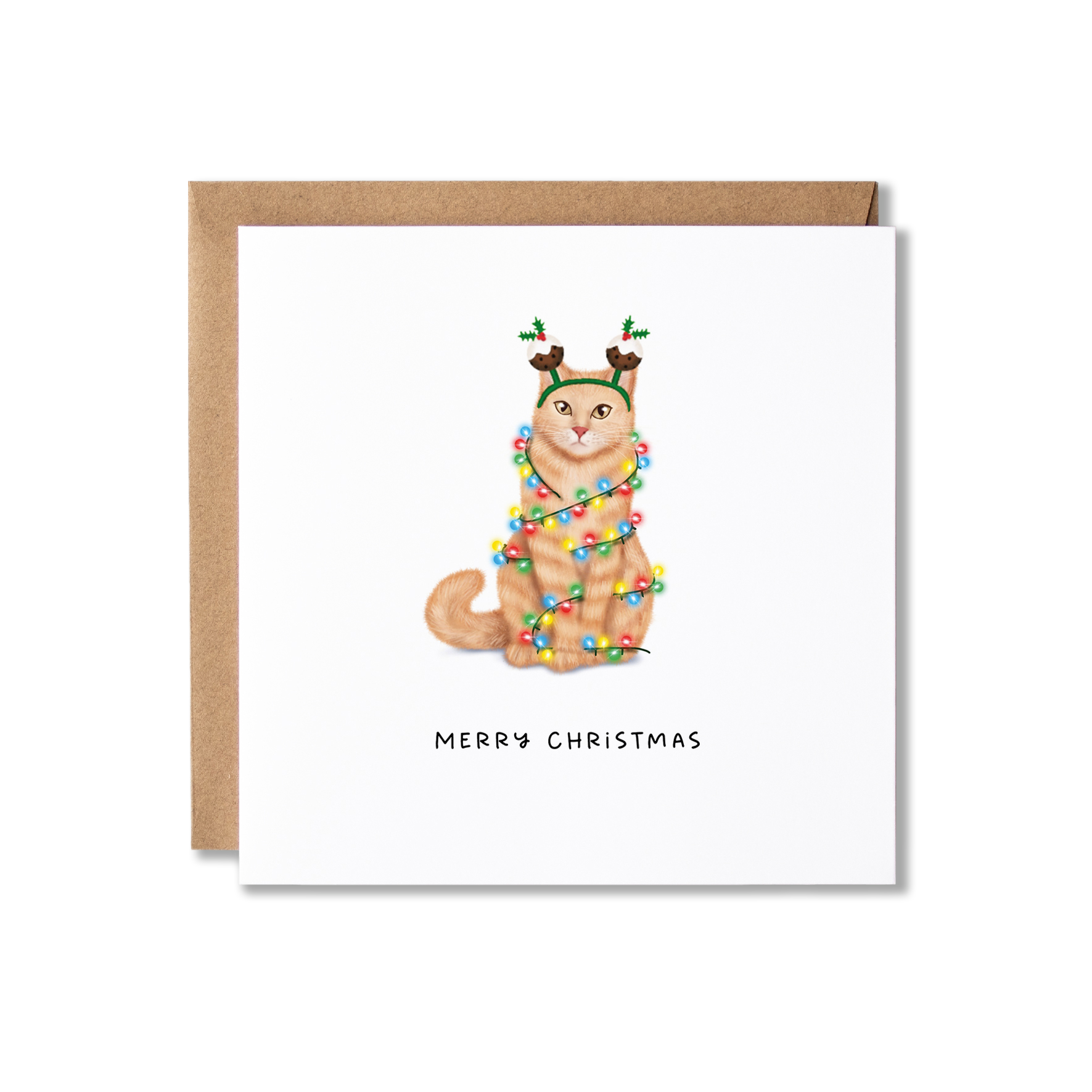 Christmas card with illustration of a ginger cat wrapped in Christmas lights with the message Merry Christmas underneath.