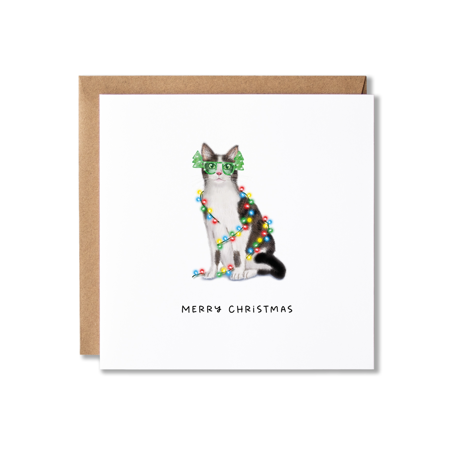 Christmas card with illustration of a grey and white cat wrapped in Christmas lights with the message Merry Christmas underneath.