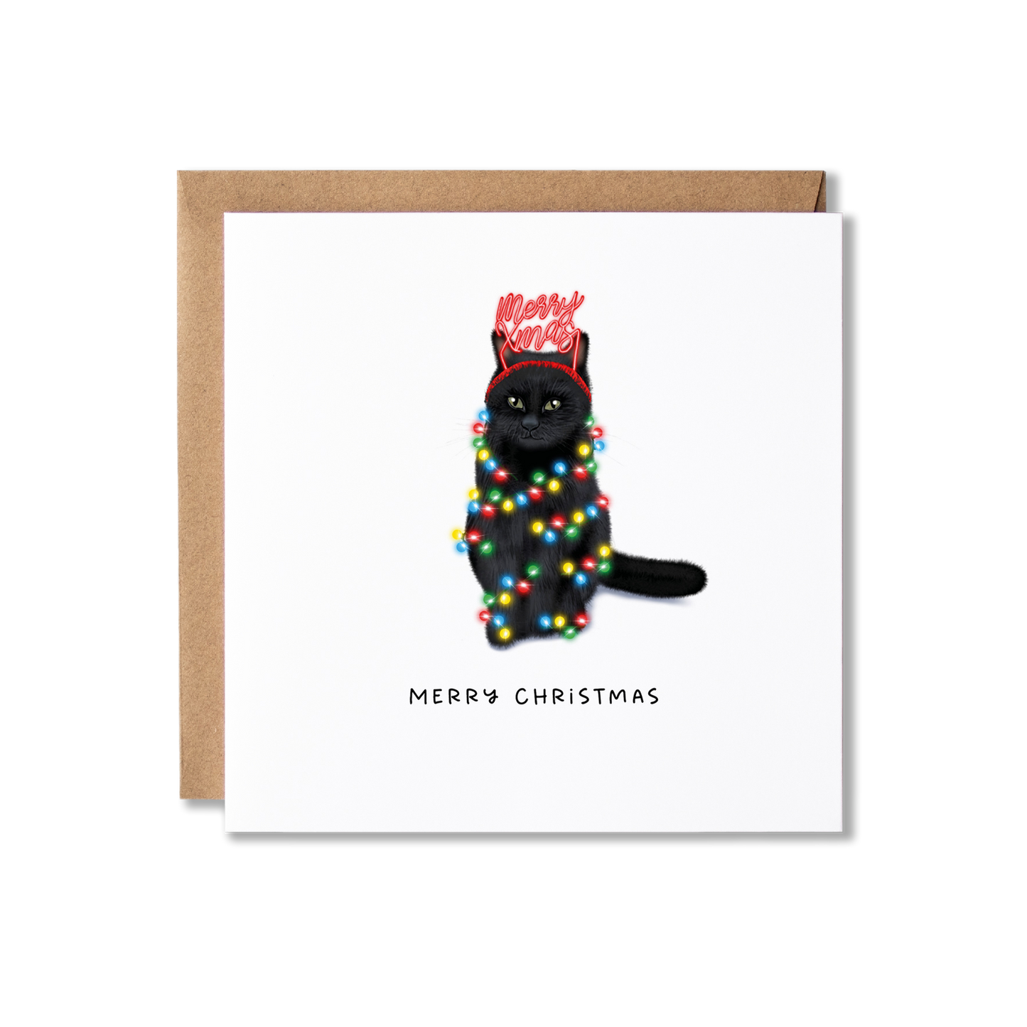 Christmas card with illustration of a black cat wrapped in Christmas lights with the message Merry Christmas underneath.