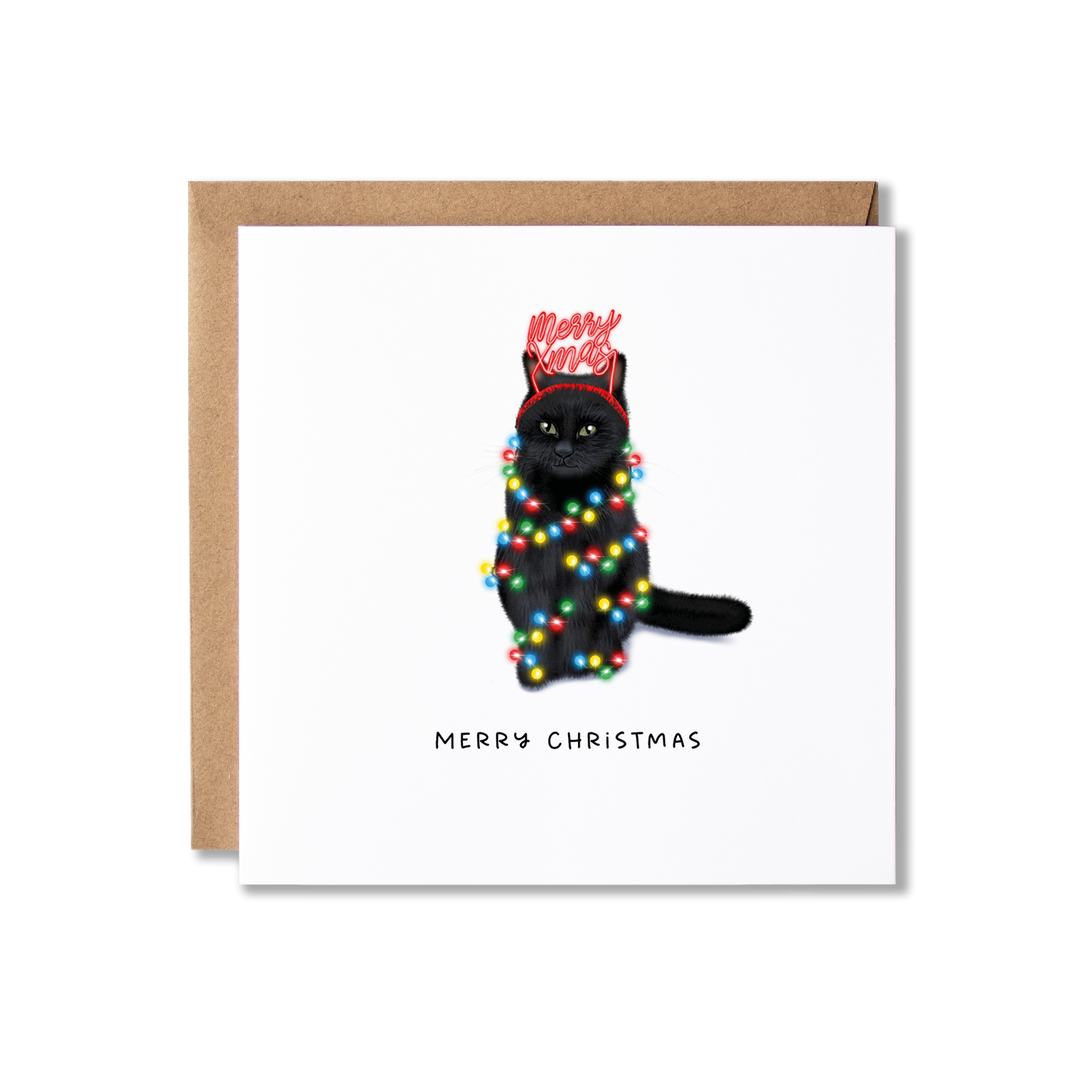 Christmas card with illustration of a black cat wrapped in Christmas lights with the message Merry Christmas underneath.