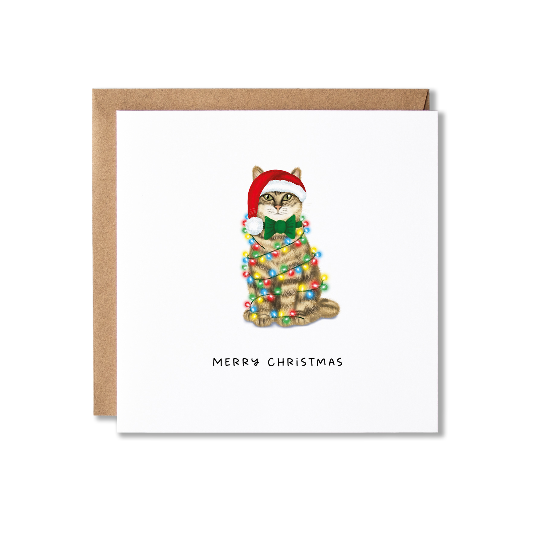 Christmas card with illustration of a brown tabby cat wrapped in Christmas lights with the message Merry Christmas underneath.