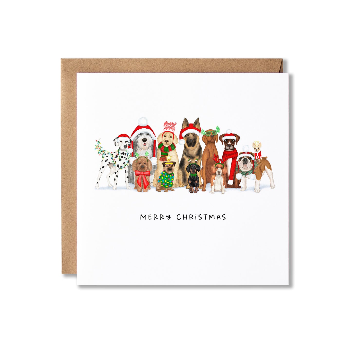 A square Christmas greeting card with a kraft envelope, featuring an illustration of a group of dogs wearing Santa hats and holiday outfits, with the text 'MERRY CHRISTMAS' printed below.