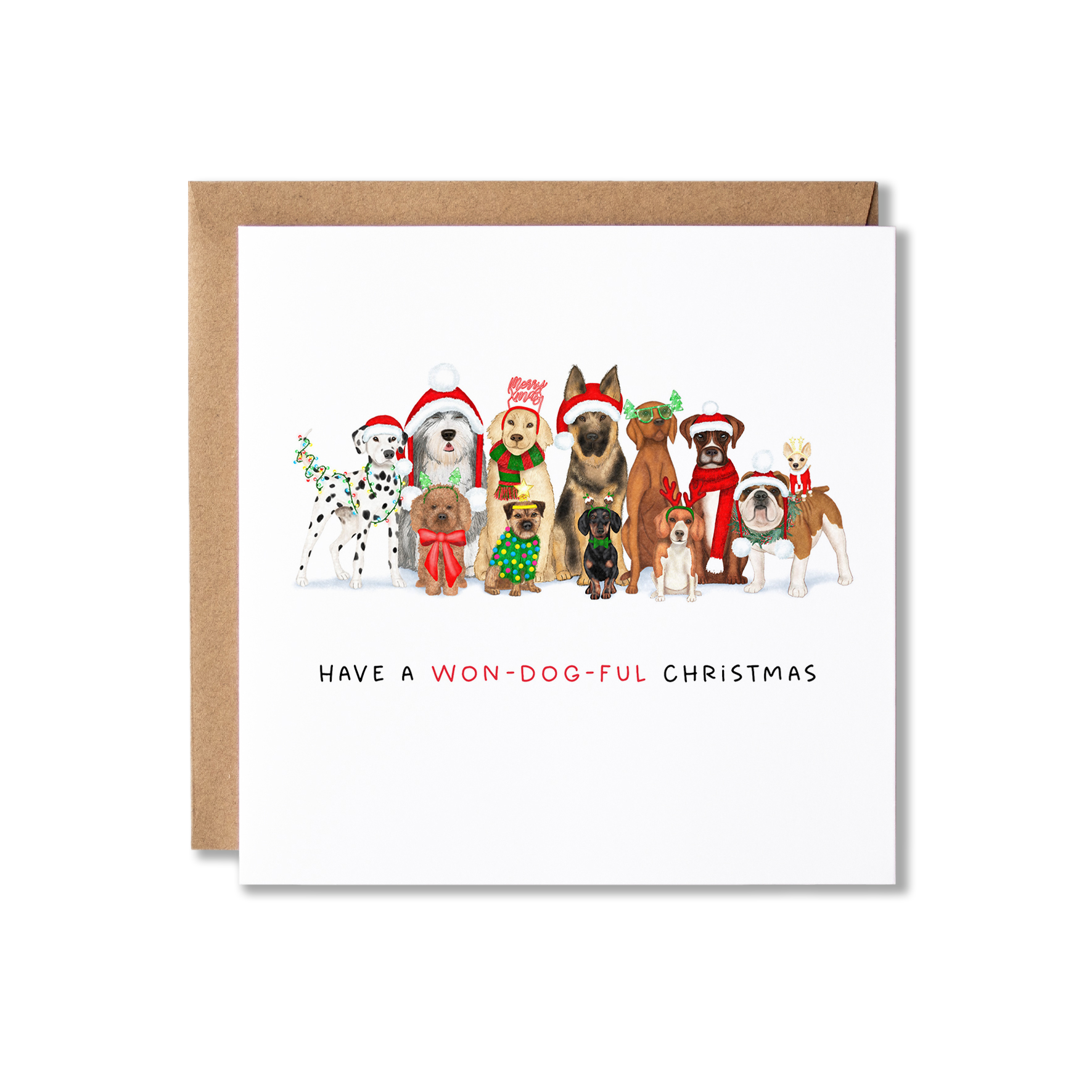 Christmas card with illustration of a group of dogs sat in a row with Christmas hats and Christmas lights wrapped around them, with the message Have a Won-Dog_Ful Christmas.