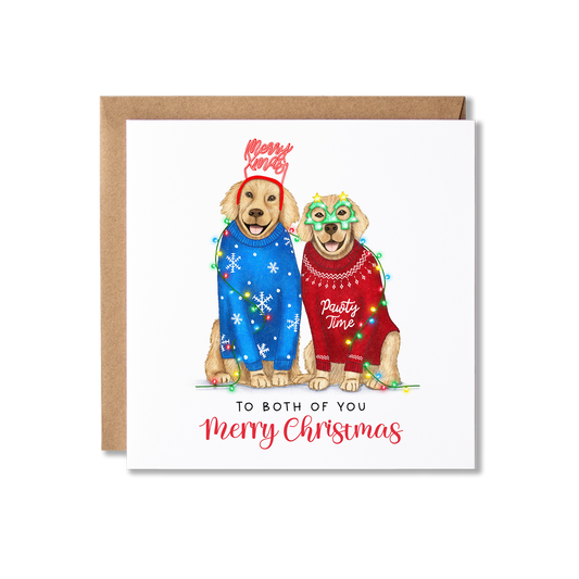 Christmas card with illustration of a couple of Golden Retrievers sat, one in a blue Christmas jumper and Merry Xmas headband the other in a Red Christmas jumper with green Christmas tree shape glasses, wrapped in Christmas Lights, with the message To Both of You Merry Christmas.