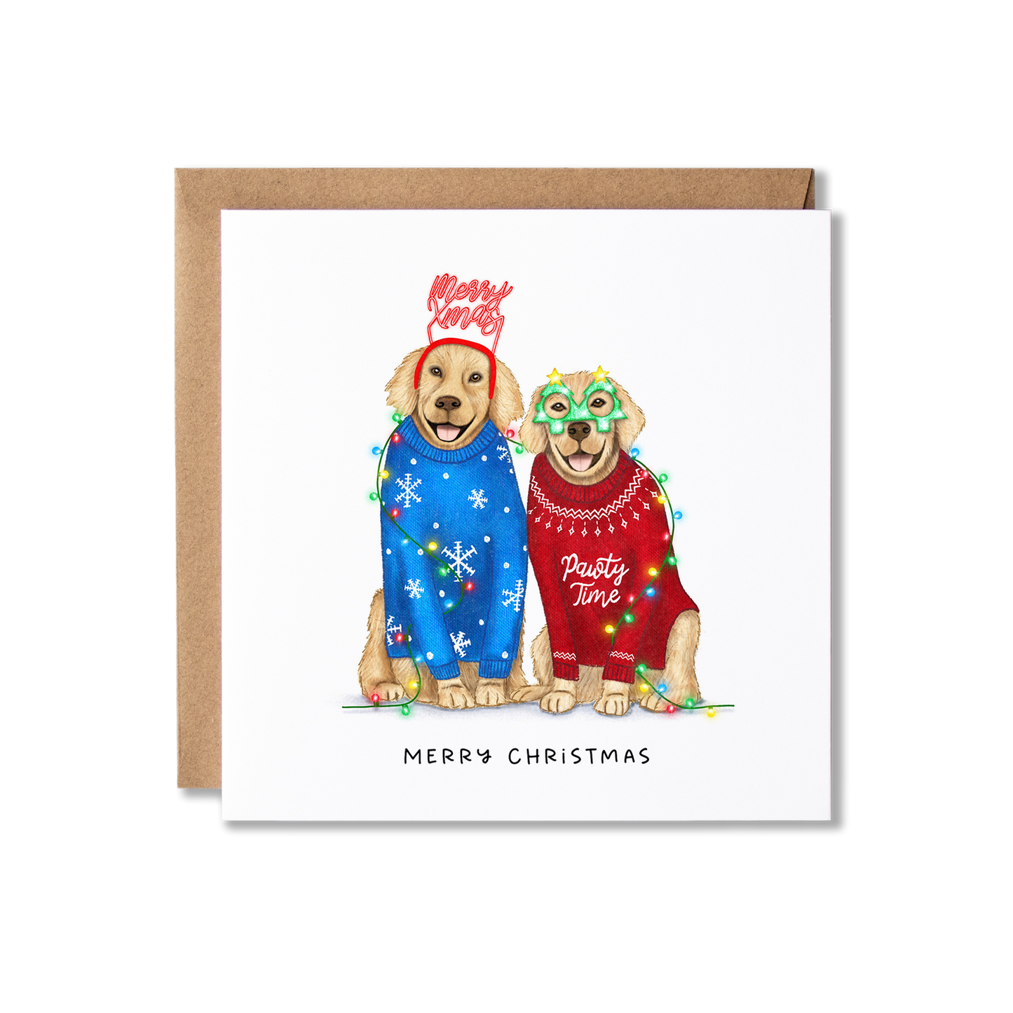 Christmas card with illustration of a couple of Golden Retrievers sat, one in a blue Christmas jumper and Merry Xmas headband the other in a Red Christmas jumper with green Christmas tree shape glasses, wrapped in Christmas Lights, with the message Merry Christmas.