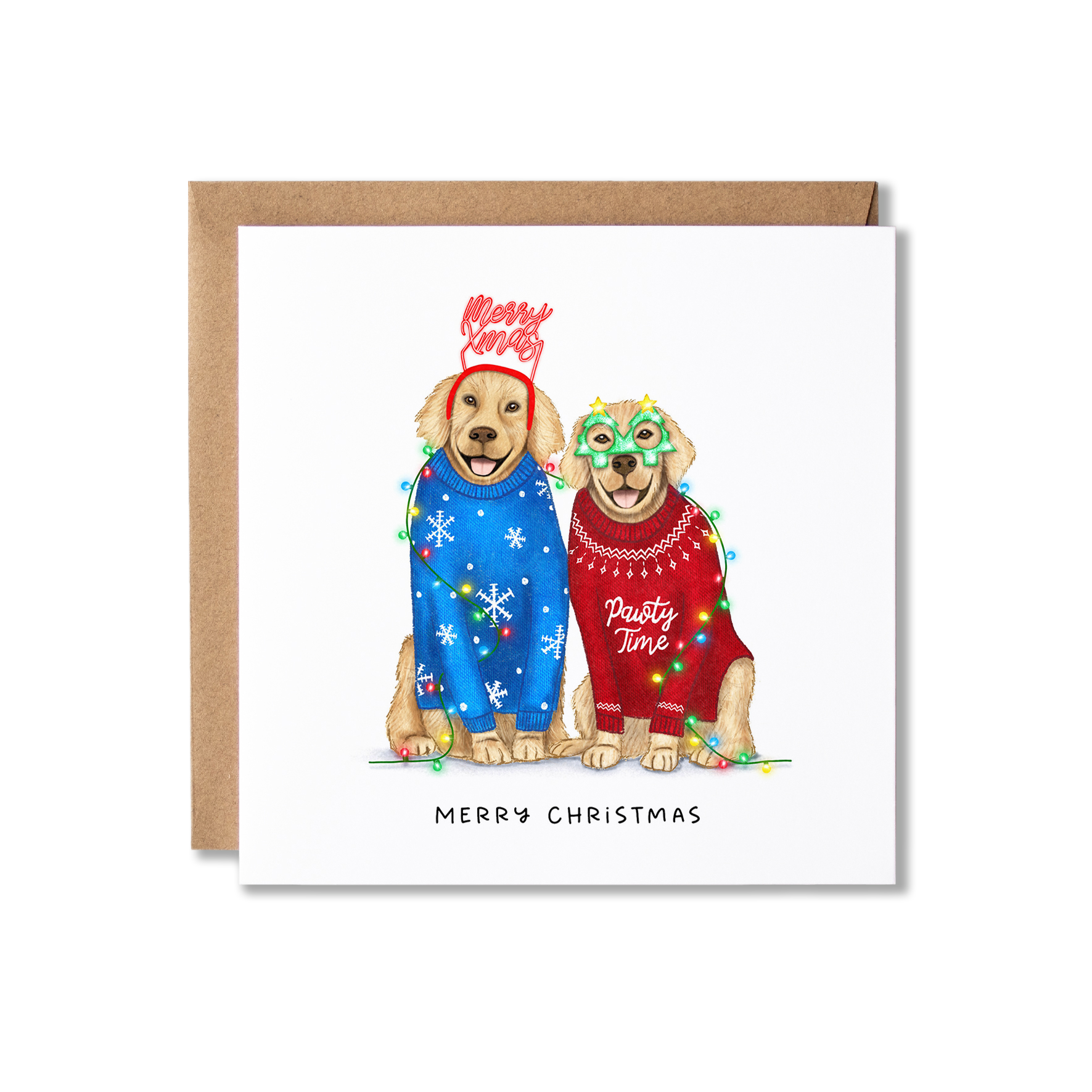 Christmas card with illustration of a couple of Golden Retrievers sat, one in a blue Christmas jumper and Merry Xmas headband the other in a Red Christmas jumper with green Christmas tree shape glasses, wrapped in Christmas Lights, with the message Merry Christmas.
