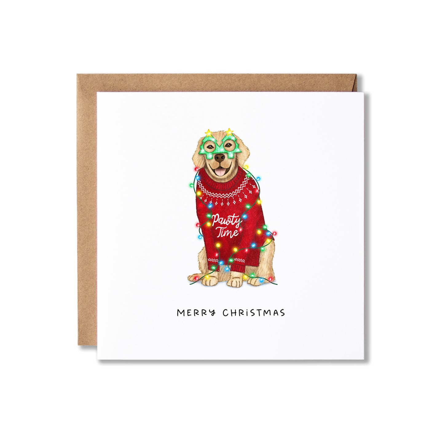 A square white Christmas greeting card with a kraft envelope behind it, featuring an illustrated dog wearing a red sweater, colorful holiday lights, and a green mask, with the text 'MERRY CHRISTMAS' below.