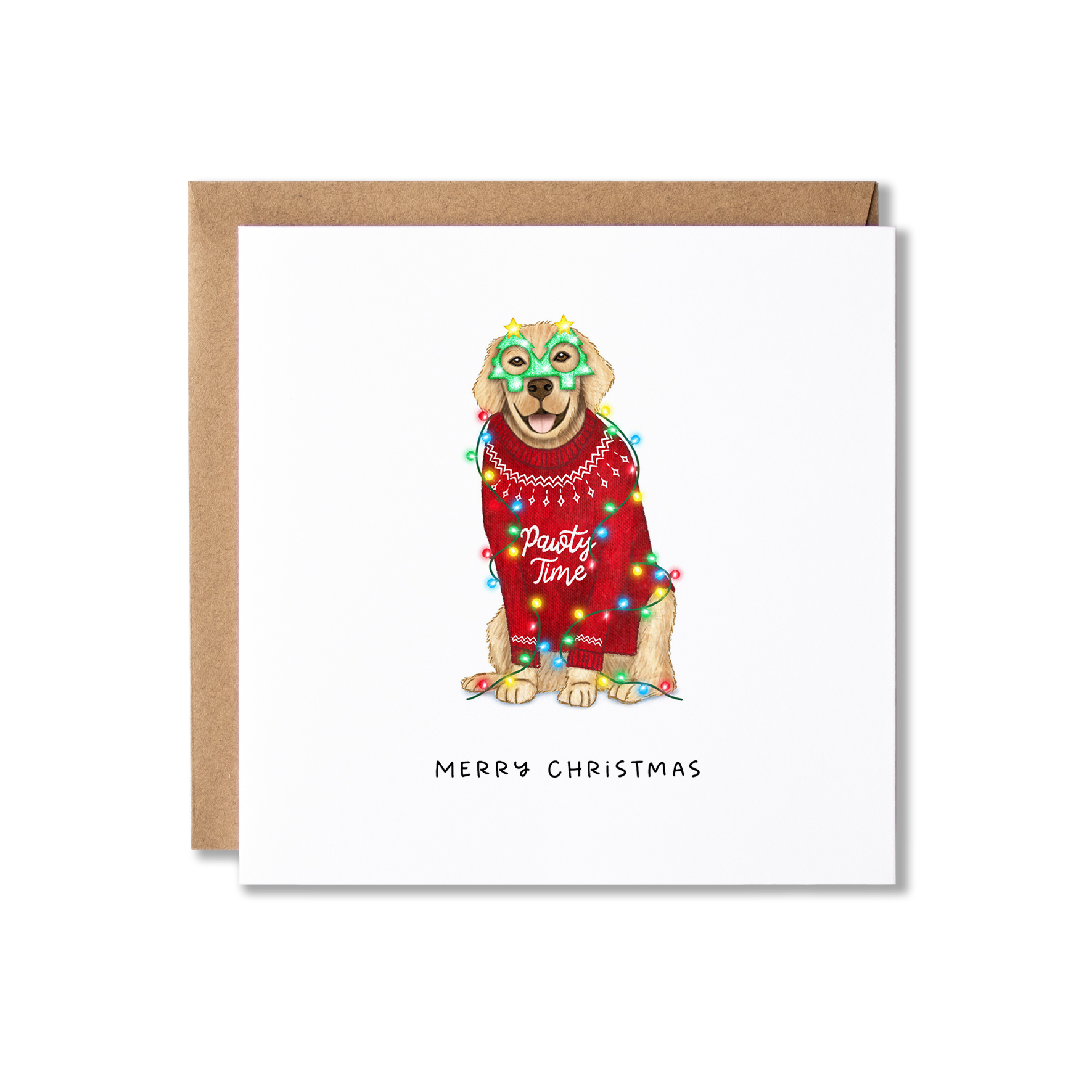 Christmas card with illustration of a couple of Golden Retrievers sat in a Red Christmas jumper with Pawty Time on the front and wearing green Christmas tree shape glasses, wrapped in Christmas Lights, with the message Merry Christmas.