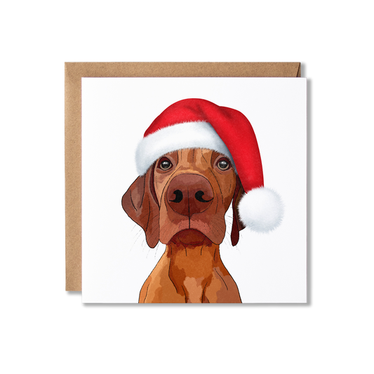 Christmas card with illustration of a Vizsla dog wearing a red and white Santa hat.