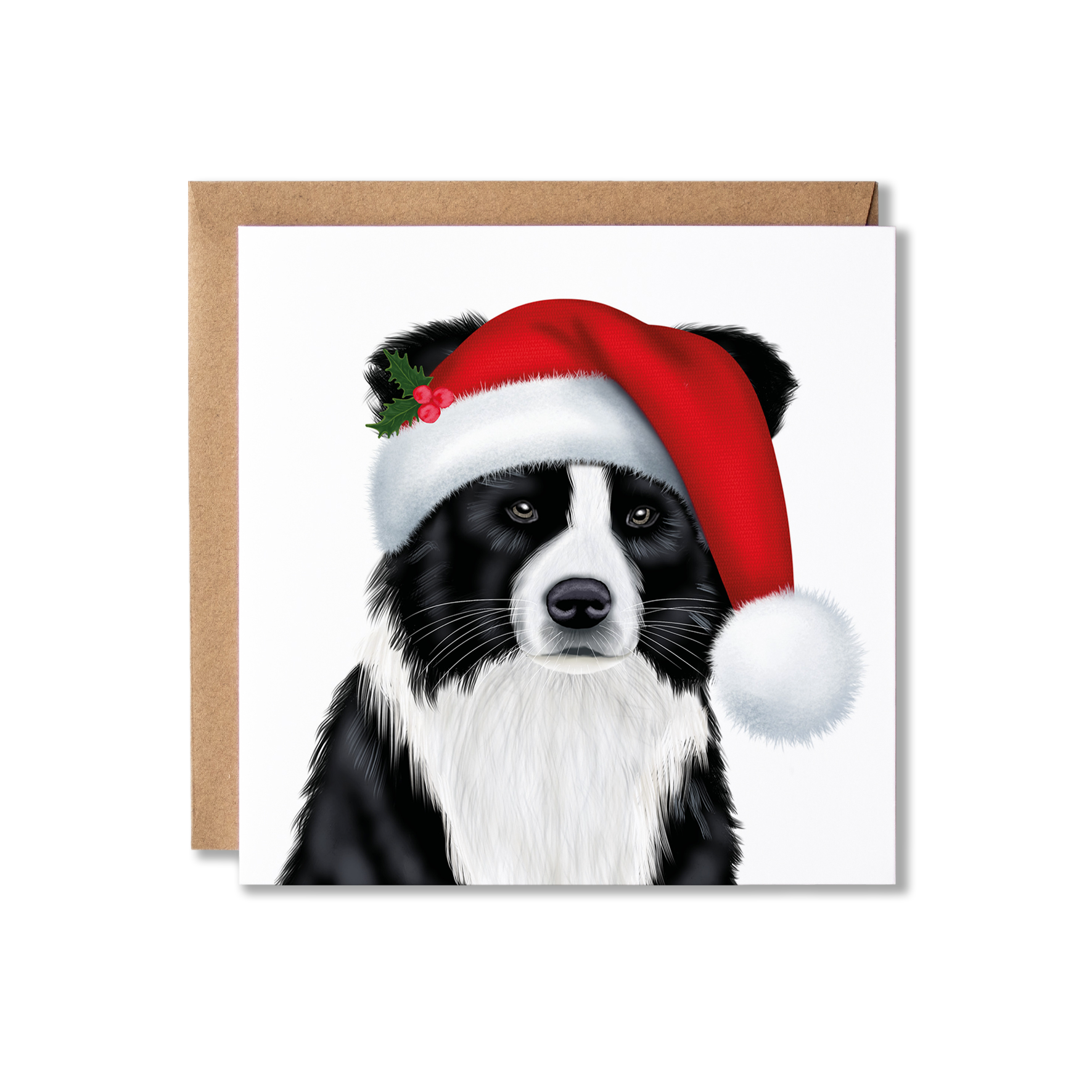 Illustration of a Border Collie dog in a Christmas Santa hat Christmas card