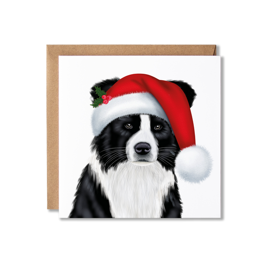 Illustration of a Border Collie dog in a Christmas Santa hat Christmas card