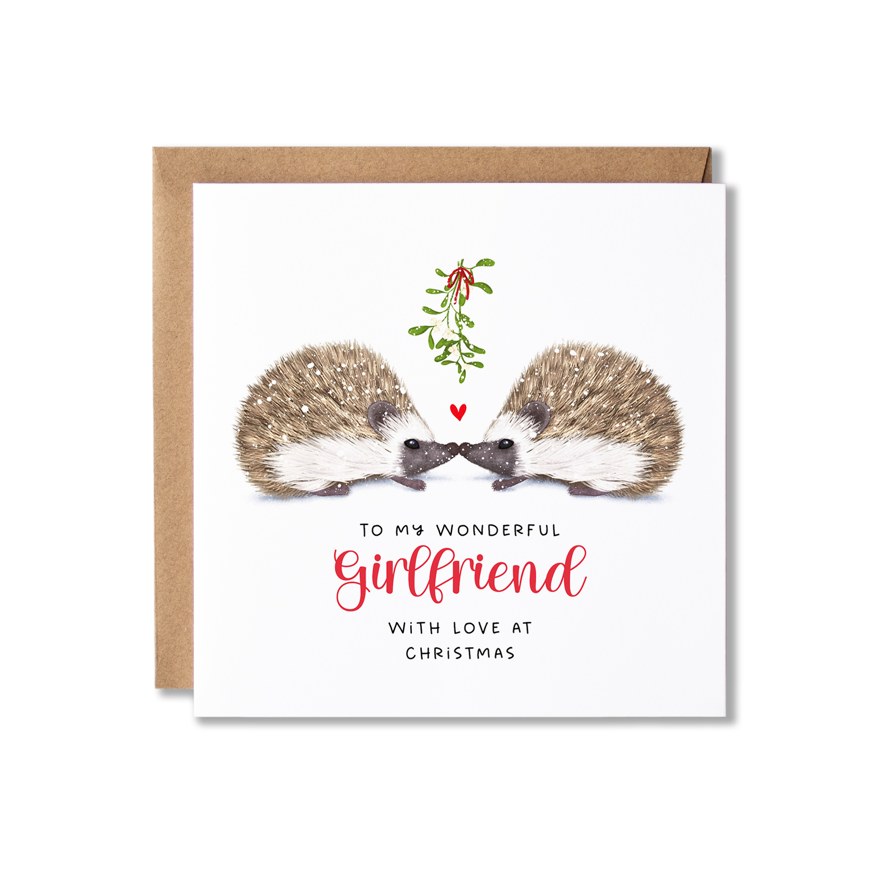 Christmas card with illistration of a couple of hedgehogs sitting underneath some springs of mistletoe tied in a red ribbon with a small red heart shape between them, with the message To My Wonderful Girlfriend.