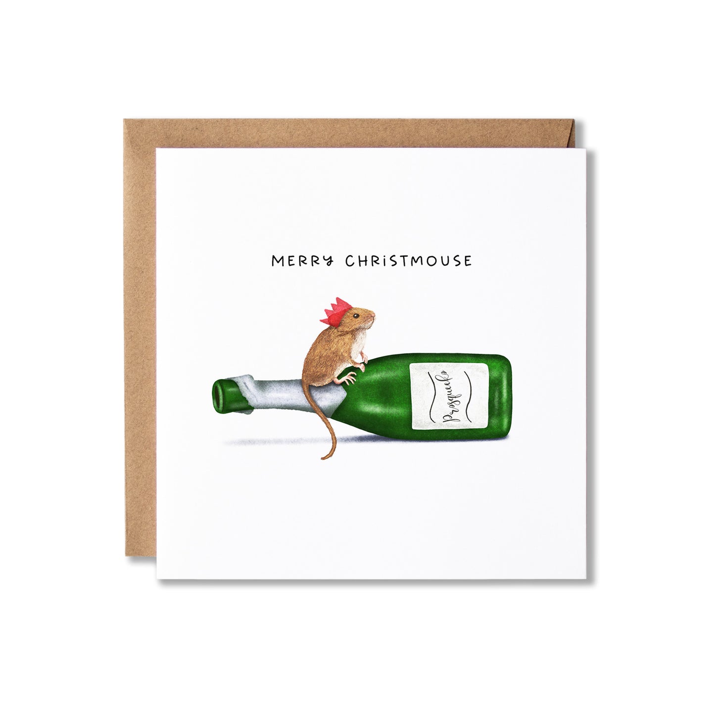 A square white greeting card with a brown kraft envelope behind it, featuring an illustration of a small brown mouse wearing a red crown paper hat sitting on a green bottle of 'Prosqueako'. The card reads 'MERRY CHRISTMOSE' above the illustration.