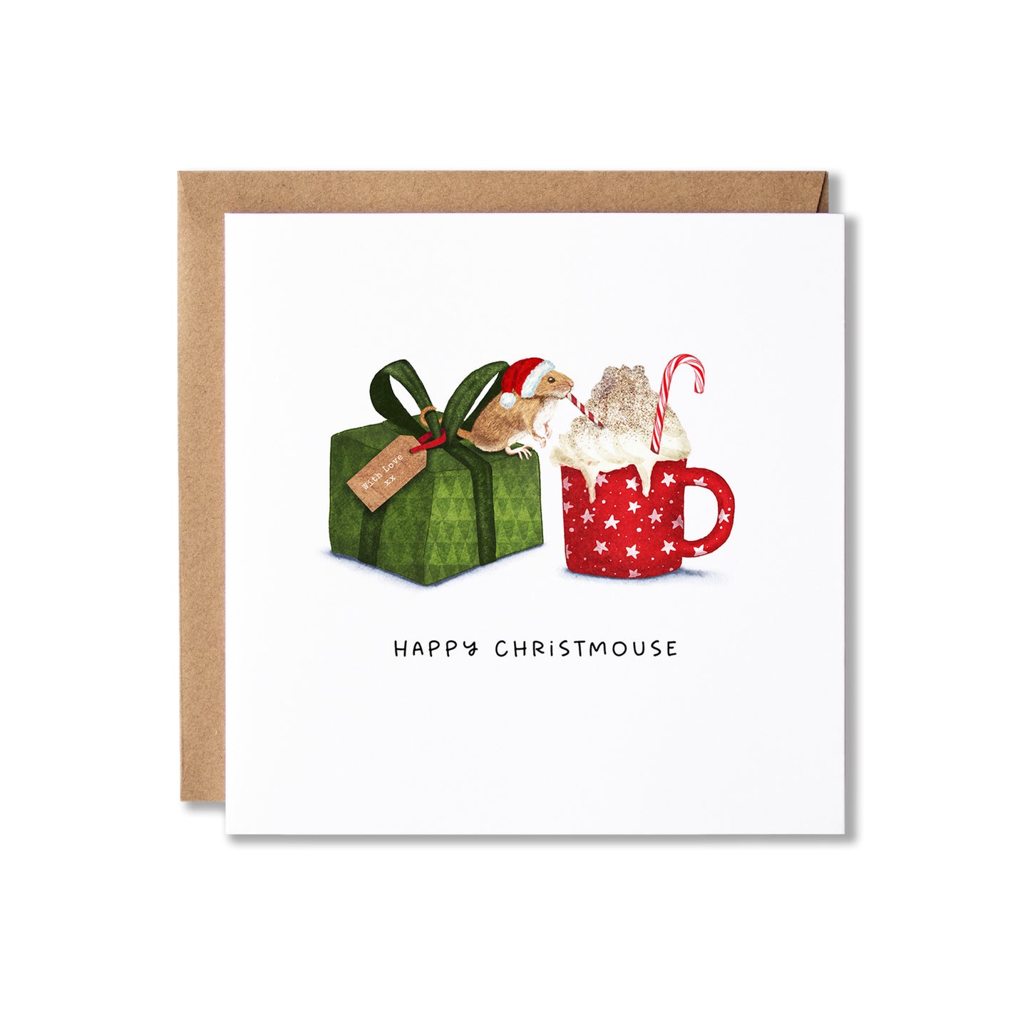 A square Christmas greeting card with a kraft envelope, featuring an illustration of a green gift box  with a gift tag that says 'with love xx' and a small Christmas mouse sitting on top and drinking from a red and white straw, hot chocolate from red mug with whipped cream and candy canes, with the text 'HAPPY CHRISTMOUSE' below.